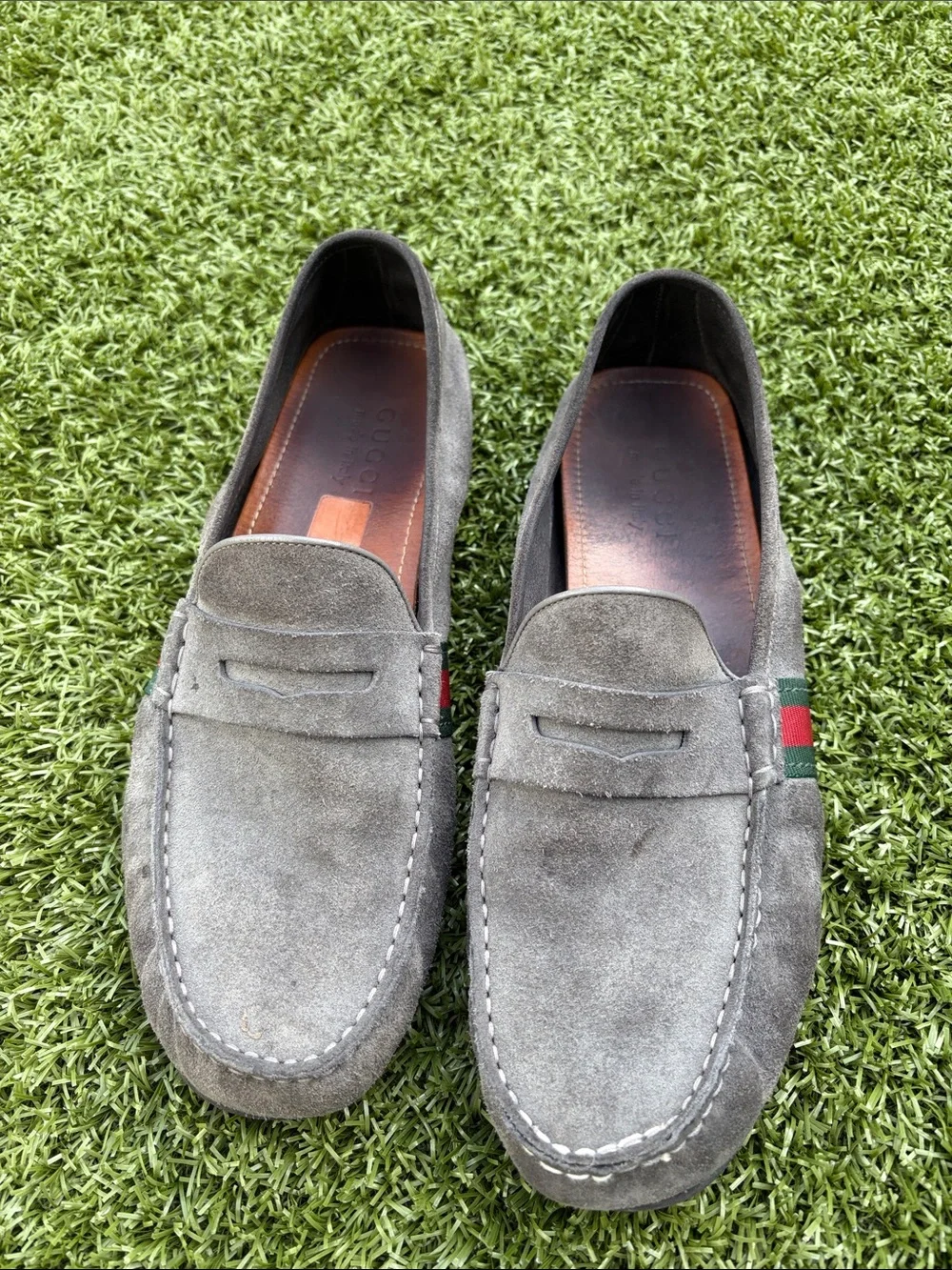 Gucci gray suede driving loafers